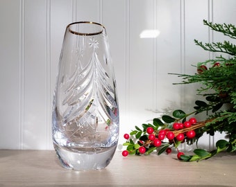 Mikasa Lead Crystal Gold Rim 6” Vase with Cut Crystal Christmas Trees and Circles Pattern