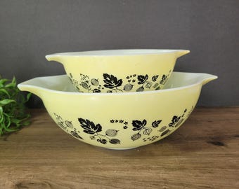 Pyrex Cinderella Gooseberry Mixing Bowls, Black on Yellow, 442, 444, Flowers Berries MCM Kitchen, 1950s, Well Loved, Please Read Description