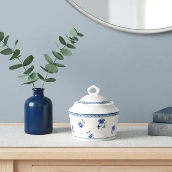 Vintage Mikasa Ultima+ "Blue Medley" Sugar Bowl with Lid | Candy Dish | Trinket Bowl | Powder Room Decor |Cottagecore | Blue Floral Pattern
