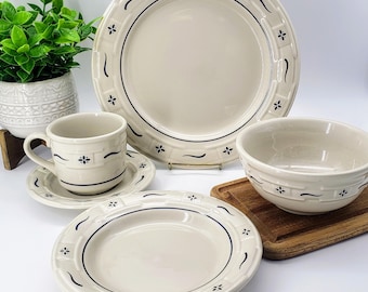 Longaberger Woven Traditions Classic Blue Dinner Plates, 7" Coupe Cereal Pasta Bowls, Cups and Saucers, Blue Flowers, Embossed Basketweave