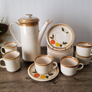 Vintage Mikasa Stone Manor F5800 Tall Tea Coffee Pot, Mugs, Coffee Cups,  F5812 Tempting Saucers Japan
