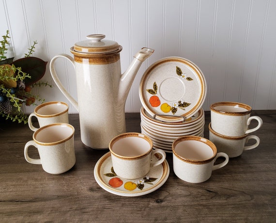 Vintage Mikasa Stone Manor F5800 Tall Tea Coffee Pot, Mugs, Coffee