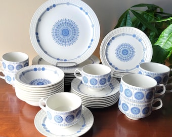 Juego de vajilla vintage de 30 piezas en azul y blanco, platos de loza Pontesa con diseño Granada, colección castellana, diseño medallón en relieve, España