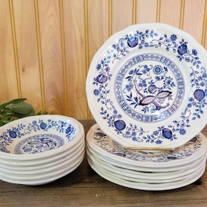 Vintage Kensington Coventry Blue by Staffordshire / Blue Onion Ironstone / Sets of Salad Plates / Berry Bowls / England / Floral / Excellent