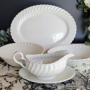Vintage Johnson Brothers Snowhite Regency Ironstone, White Swirl Serving Pieces, Choice Of Platter, Gravy Boat, Oval and Round Serving Bowls