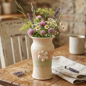 Vintage Handmade Studio Pottery Vase, Hand Sculpted Flower & Wheat Grass Carving, Earthy Pastel Floral Ceramic Artisan Art, 6"