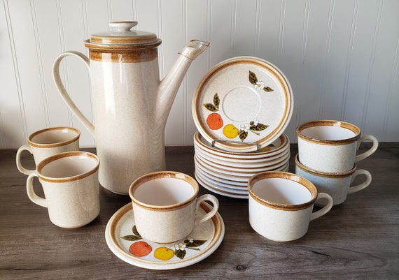 Vintage Mikasa Stone Manor F5800 Tall Tea Coffee Pot, Mugs, Coffee