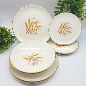 May include: A collection of vintage cream-colored dinnerware with gold rims and wheat stalk designs. The set includes dinner plates, salad plates, and bowls. The wheat design is in shades of gold and brown.