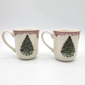 Vintage Johnson Brothers Old Britain Castles Pink Coffee Mug, Christmas Trees, Red Scroll Borders, Tea Cups, Victorian England Kitchen