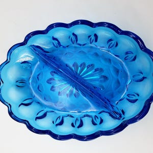 Vintage - Anchor Hocking - Fairfield - Blue  Glass - Oval Divided Condiment Dish