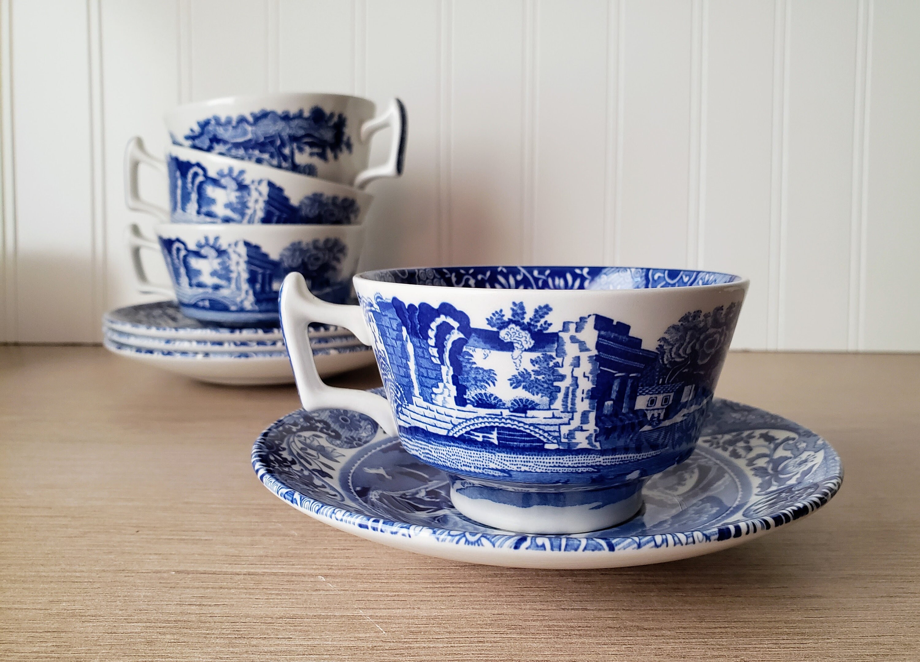 Blue Italian Teacups and Saucers (Set of 4)