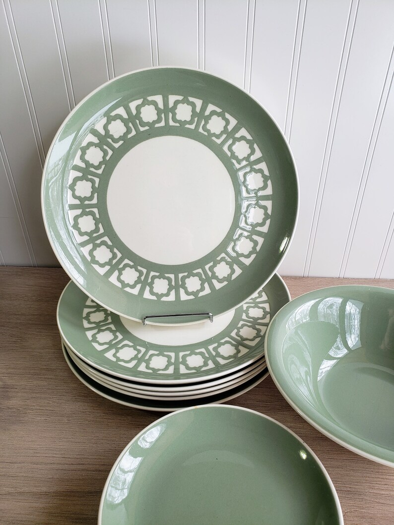 Harker Mid Century Modern Persian Key Dinner, Salad plates / Serving Bowl /1966 / Olive Sage Green and Cream image 9