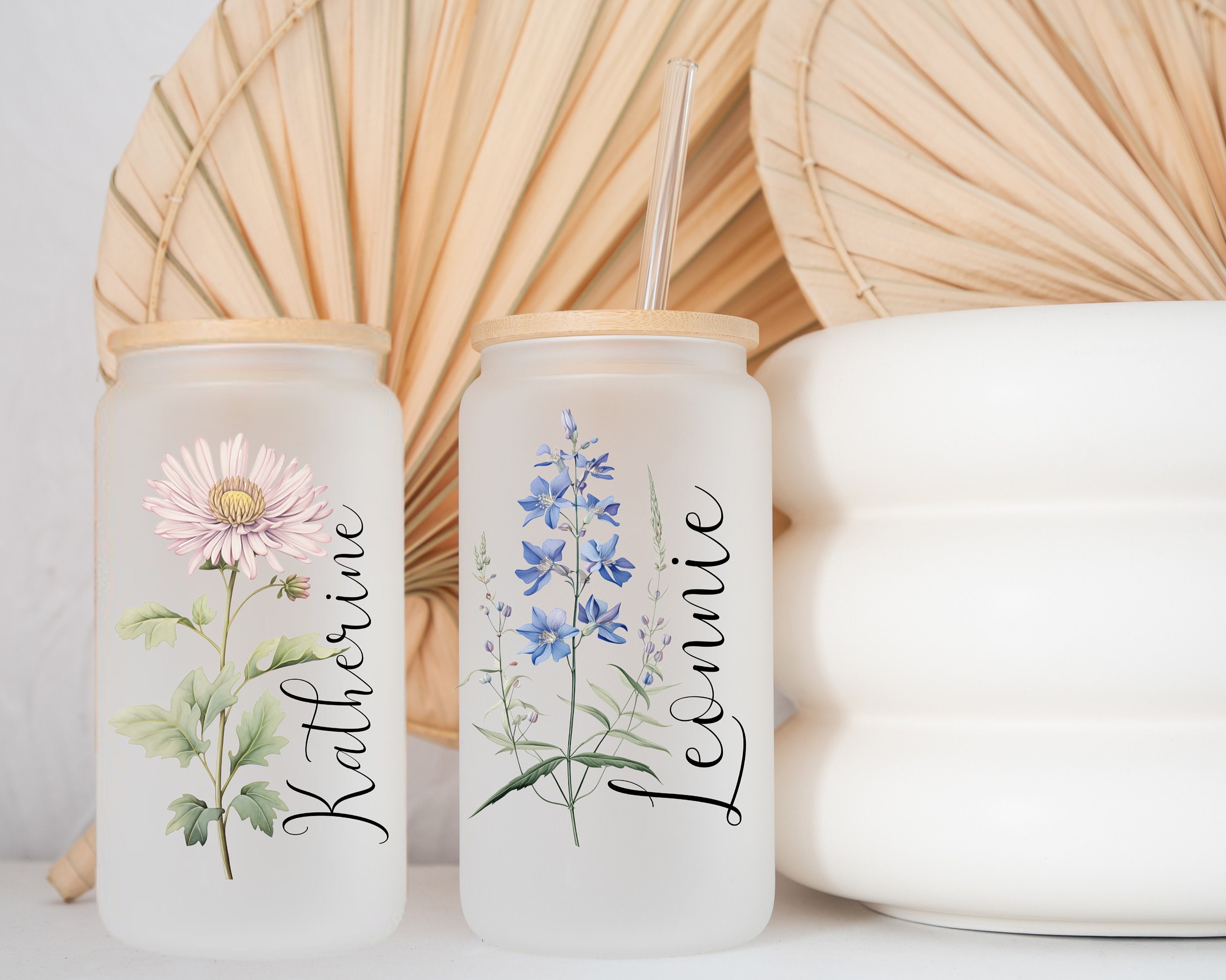 Personalized Custom Birth Flower Cup, Custom Name Frosted Glass Tumbler, Floral Iced Coffee Cup,Bridesmaid Proposal, Glass Straw Included.