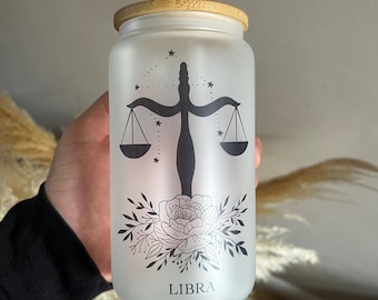 Personalised zodiac Name Frosted Coffee Cup,Birthday Gift,Bridesmaid Proposal,16oz Glass Cup,Custom Cup with Lid and Glass Straw.