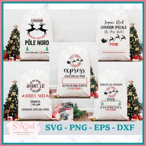 May include: White Christmas gift bags with black text and illustrations. Designs include reindeer, Santa's sleigh, and the words "Pôle Nord" and "Express." The bags have the text "Ne pas ouvrir avant le 25 décembre."