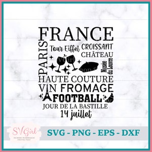 May include: Black and white graphic design with the word "FRANCE" in large letters. The design includes the words "Paris", "Tour Eiffel", "Croissant", "Chateau", "Haute Couture", "Vin Fromage", "Football", "Jour de la Bastille", and "14 Juillet".