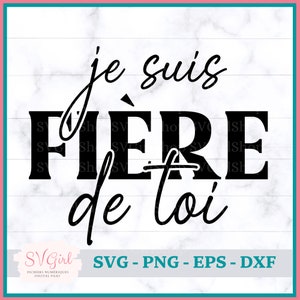 Puede incluir: Diseño gráfico en blanco y negro con el texto "je suis fiere de toi" en francés, que significa "Estoy orgulloso de ti".