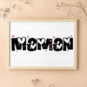 May include: Black and white graphic design of the word "Maman" with pink hearts and stars.