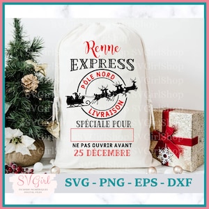 May include: A white Christmas gift bag with a drawstring closure. The bag features the text "Renne Express" in red and black, along with a graphic of Santa's sleigh and reindeer. The bag also includes the text "Spéciale Pour" and "Ne pas ouvrir avant 25 Décembre".