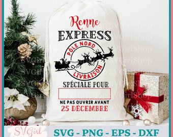 May include: A white Christmas gift bag with a drawstring closure. The bag features the text "Renne Express" in red and black, along with a graphic of Santa's sleigh and reindeer. The bag also includes the text "Spéciale Pour" and "Ne pas ouvrir avant 25 Décembre".