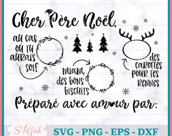 May include: Black and white printable Christmas sign with the text "Cher Père Noël, au cas où tu aurais soif Miam des bons biscuits des carottes pour tes rennes Préparé avec amour par:" and several blank circles and a reindeer head with antlers.