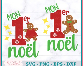 May include: A red and green Christmas design with the text "Mon 1er noel" and a gingerbread person. The design is perfect for a Christmas card or a gift tag.