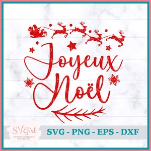 May include: Red and white Christmas design featuring the text "Joyeux Noël" and a silhouette of Santa Claus in a sleigh pulled by reindeer.