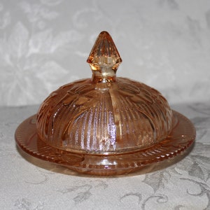 Iris Depression Iridescent Glass Butter Dish | Vintage Jeannette Herringbone Depression Glass