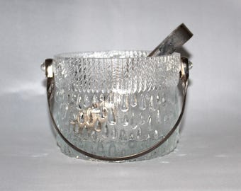 Vintage MCM French Crystal Ice Bucket with Silver Plated Ice Tongs | Teardrop Raindrop Design