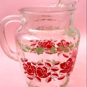 Vintage Glass Red Rose Pitcher | 68oz Water Juice Beverage Jug with Ice Lip