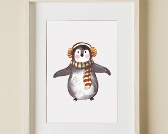 May include: A framed illustration of a penguin wearing a striped scarf and earmuffs. The penguin is standing on a white background. The frame is white with a light wood border. The text "SASSY AND SPIRITUAL PRINTS" is below the frame.