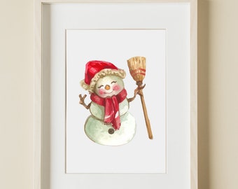 Happy Snowman Art, Printable Snowman Decor, Christmas Printable Wall Art, Vintage Style Christmas Art, Vintage Christmas, Christmas Print