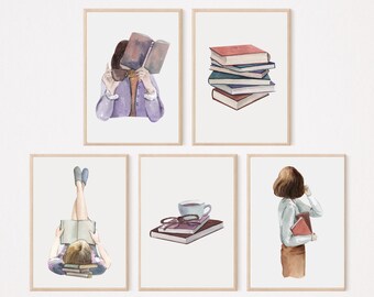 Conjunto de 5 arte de libro imprimible / arte amante del libro / arte del libro / librero / arte de pared imprimible / impresión digital