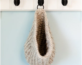 Hanging basket- wall hanging wall basket for organization-  hand knit with rubbed bronze finish metal ring