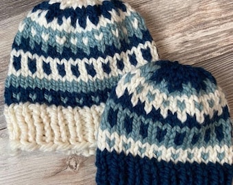 Mommy and me coordinating  hand-knit wool blend winter hat set