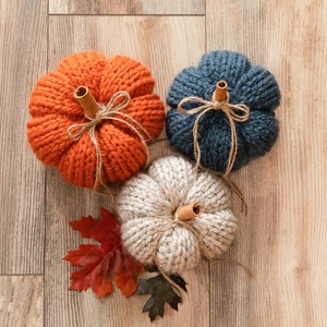 May include: Three knitted pumpkins in orange, blue, and white with cinnamon sticks for stems. The pumpkins are arranged on a woodgrain surface.