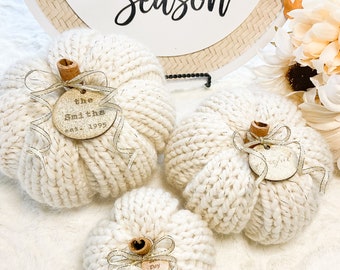 Knit chunky farmhouse pumpkins for fall wedding decor | Thanksgiving table decor | White pumpkin home decor