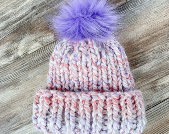 Knit baby hat | Wool Blend Pink and Lavender Baby Hat with Faux Fur Pom-pom Rib Knit for Flexible Fit Warm and Cozy |Sizes Newborn to Youth