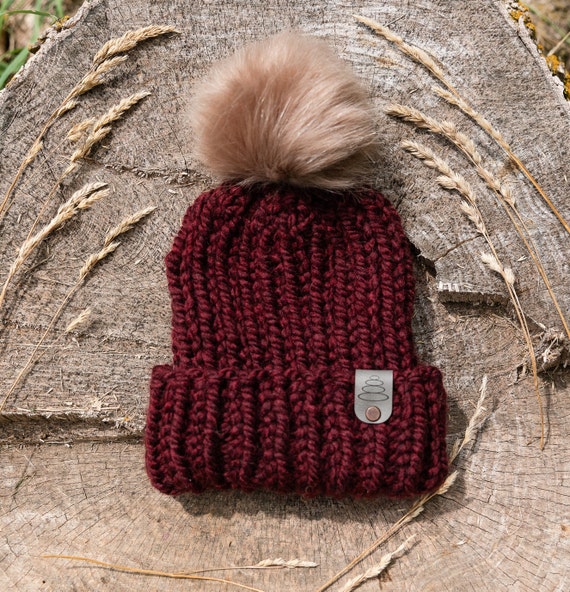Hand Knitted Wool Beanie | Chunky Burgundy Pom-pom Hat - Etsy display picture 1