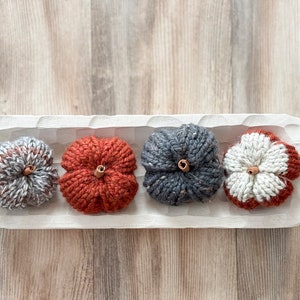 May include: Four knitted pumpkins in a white ceramic dish. The pumpkins are gray, red, gray, and white with red accents.