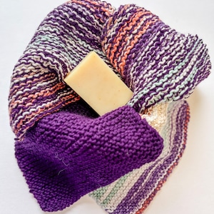 Basket of purple 100% cotton dishcloth/washcloth and soap