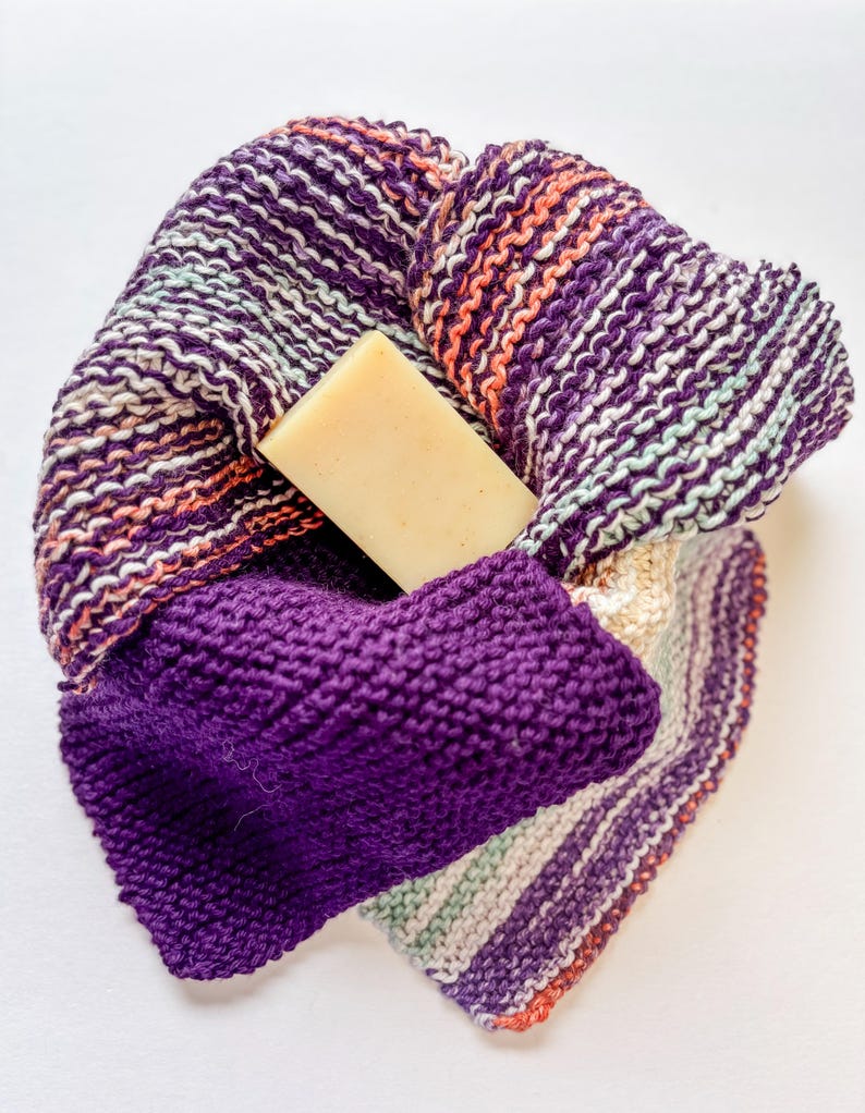 Basket of purple 100% cotton dishcloth/washcloth and soap
