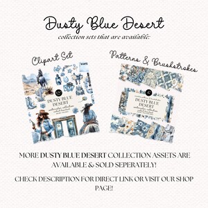 May include: A digital illustration set featuring a watercolor collection of dusty blue desert themed clipart and patterns. The clipart set includes a cowgirl, a saloon door, and a cactus. The pattern set includes a variety of blue and white patterns with stars, flowers, and geometric shapes.