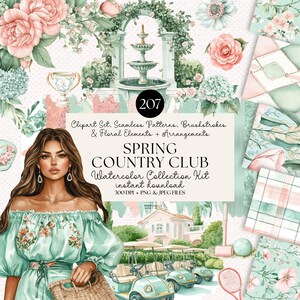 Conjunto de imágenes prediseñadas de acuarela de primavera: elementos florales, pinceladas, patrones sin costuras, club de campo de tenis y golf, descarga digital PNG JPEG
