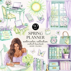 Frühling Planer Aquarell Clipart Bund | 90 PNG Pastell Illustrationen | Digitales Briefpapier Set für Journaling & Scrapbooking