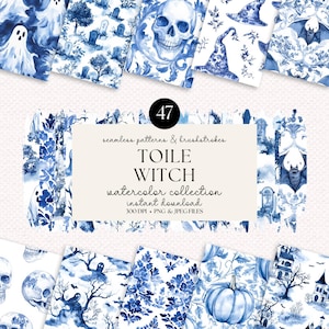 Zestaw wzorów Halloween Toile Seamless Patterns i pociągnięć pędzlem - 47 wysokiej jakości plików PNG i JPEG, akwarela Chinoiserie, papiery cyfrowe