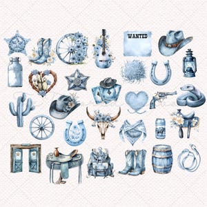 May include: A set of 28 watercolor illustrations in shades of blue, featuring cowboy and western themed imagery.  The images include a cactus, a horseshoe, a cowboy hat, a saddle, a skull, a guitar, a wagon wheel, a pair of boots, a lantern, a snake, a heart, a pair of playing cards, a wanted poster, a bandana, a can of beer, a pair of spurs, a pair of saloon doors, and a jar.