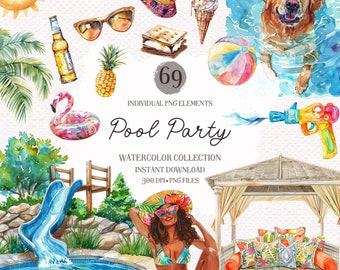 Watercolor Pool Party Clipart: Summer Beach Graphics (PNG Digital Download)
