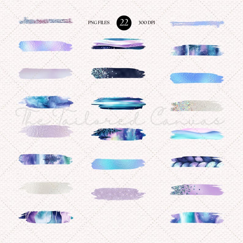May include: Set of 22 digital watercolor brush stroke graphics in various shades of blue, purple, and white. PNG files, 300 DPI.