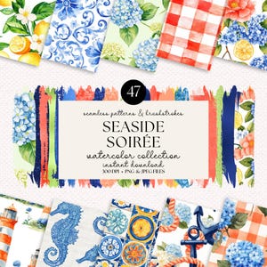 Seaside Soirée Watercolor Pattern Collection - Nautical Tiles, Florals, Brushstrokes, Summer, Beach, Instant Download